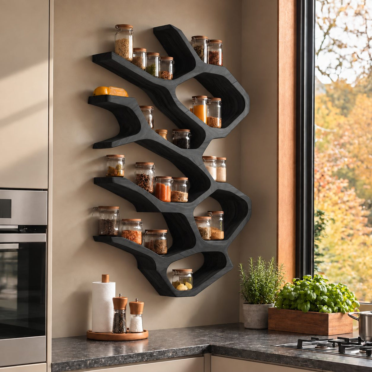 Flowing Branch Cell Spice Rack Wall Shelf, Sculpted Solid Wood Kitchen Organizer for Jars