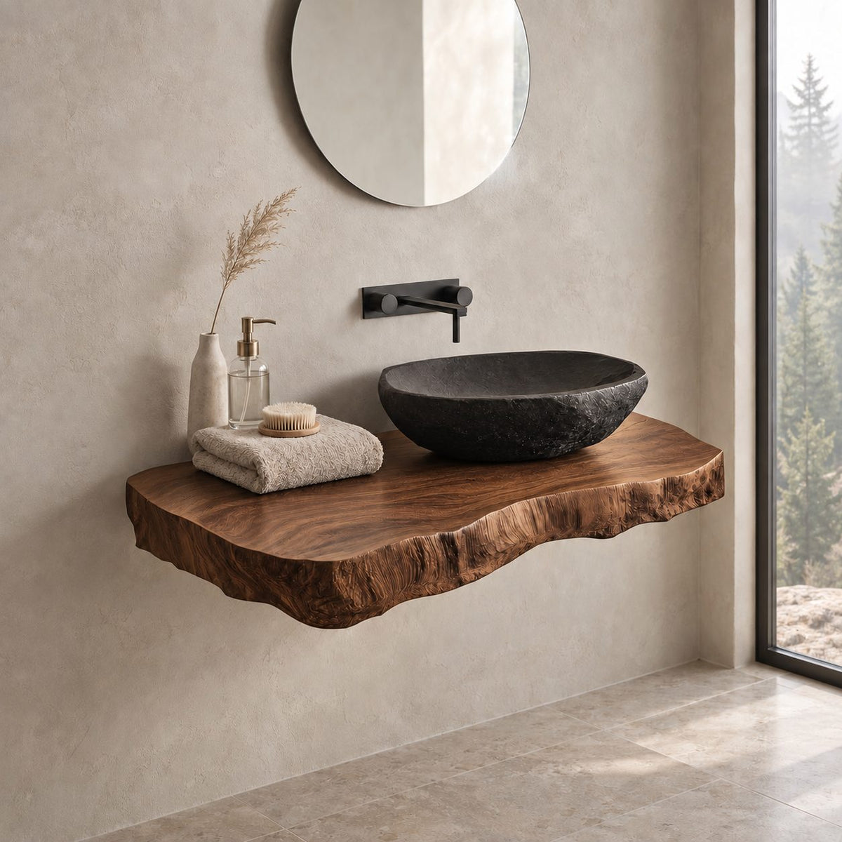 Live Edge Floating Vanity Top 16-48 Inch, Rough Natural Edge Wood Slab for Powder Room