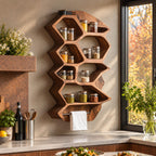 Zigzag Hexagon Spice Rack Wall Shelf with Towel Bar, Sculpted Solid Wood Kitchen Organizer