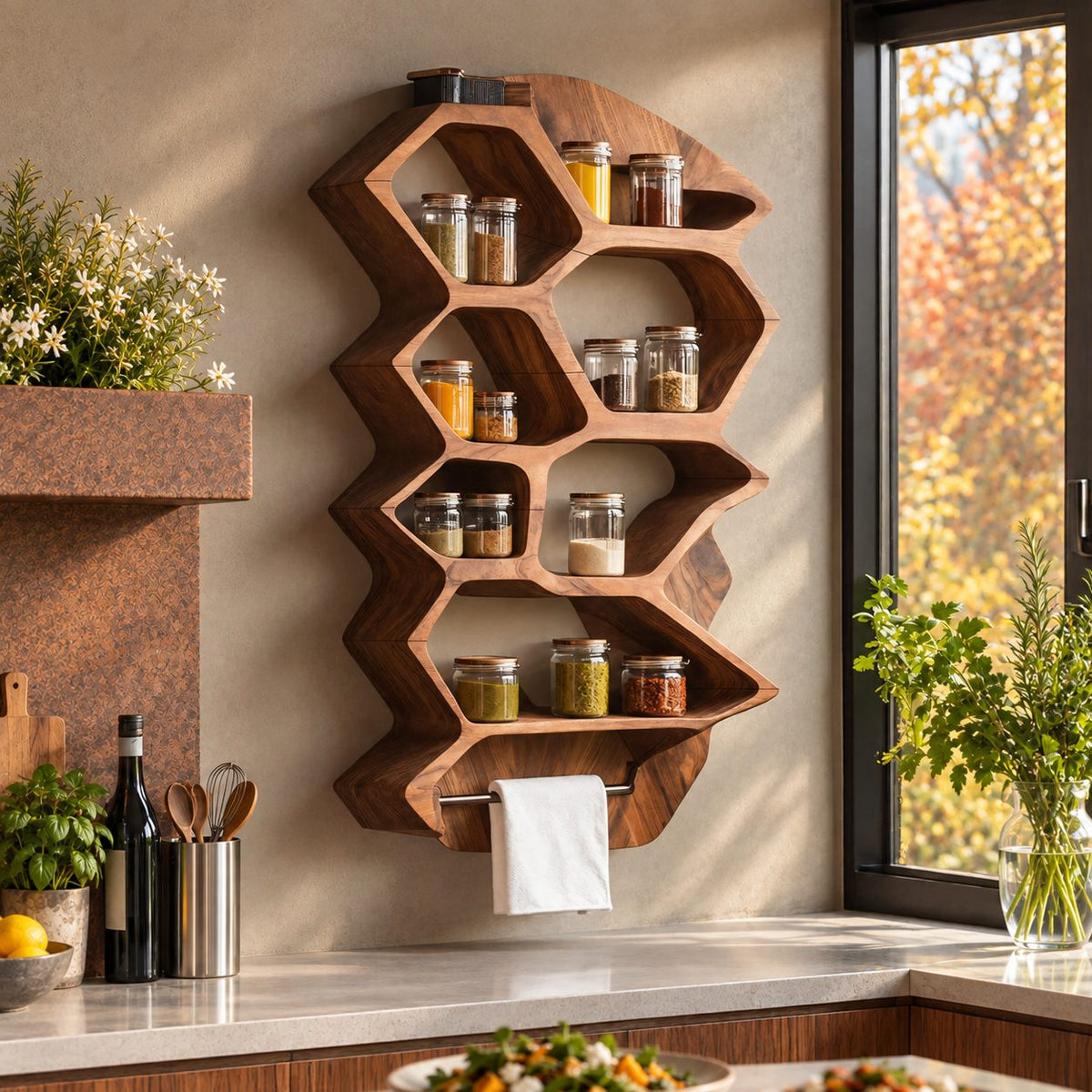 Zigzag Hexagon Spice Rack Wall Shelf with Towel Bar, Sculpted Solid Wood Kitchen Organizer