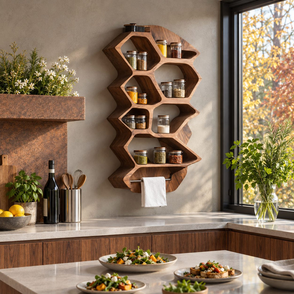 Zigzag Hexagon Spice Rack Wall Shelf with Towel Bar, Sculpted Solid Wood Kitchen Organizer