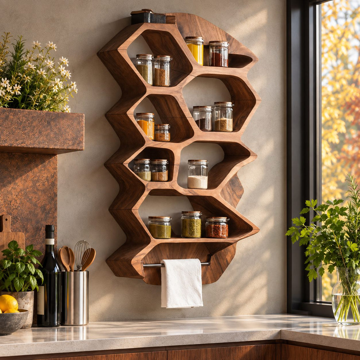 Zigzag Hexagon Spice Rack Wall Shelf with Towel Bar, Sculpted Solid Wood Kitchen Organizer