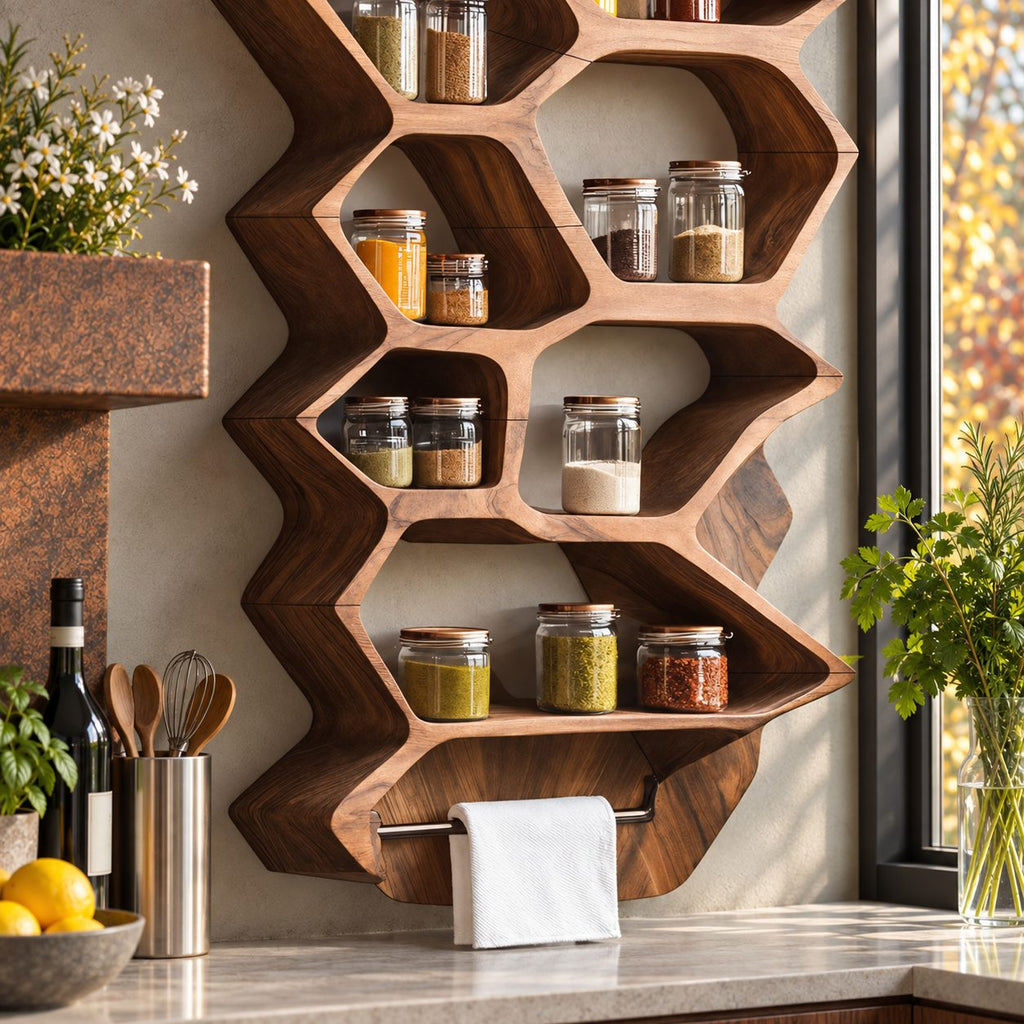 Zigzag Hexagon Spice Rack Wall Shelf with Towel Bar, Sculpted Solid Wood Kitchen Organizer