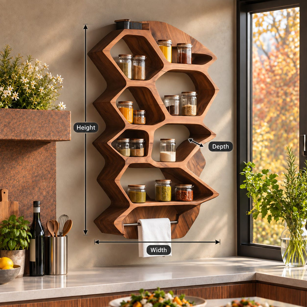 Zigzag Hexagon Spice Rack Wall Shelf with Towel Bar, Sculpted Solid Wood Kitchen Organizer