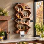 Zigzag Hexagon Spice Rack Wall Shelf with Towel Bar, Sculpted Solid Wood Kitchen Organizer