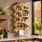 Zigzag Hexagon Spice Rack Wall Shelf with Towel Bar, Sculpted Solid Wood Kitchen Organizer