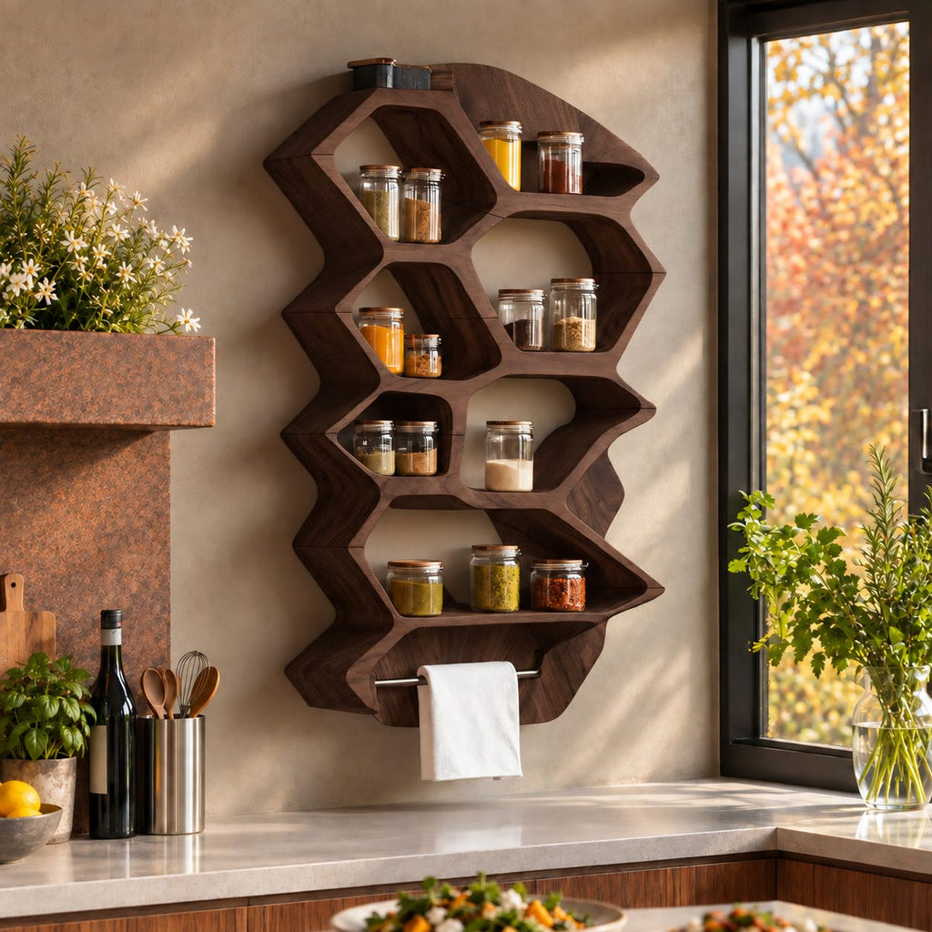 Zigzag Hexagon Spice Rack Wall Shelf with Towel Bar, Sculpted Solid Wood Kitchen Organizer