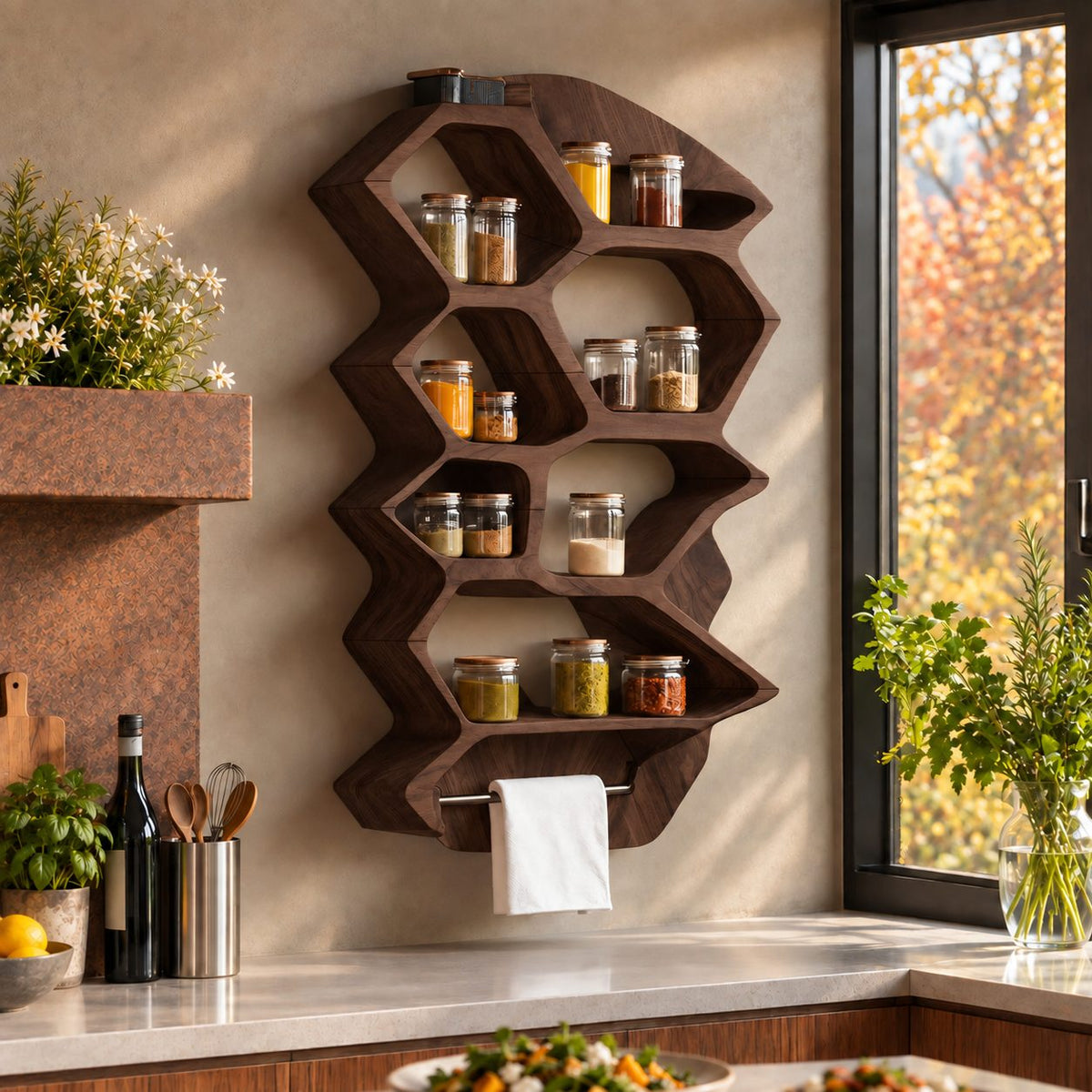 Zigzag Hexagon Spice Rack Wall Shelf with Towel Bar, Sculpted Solid Wood Kitchen Organizer