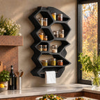 Zigzag Hexagon Spice Rack Wall Shelf with Towel Bar, Sculpted Solid Wood Kitchen Organizer