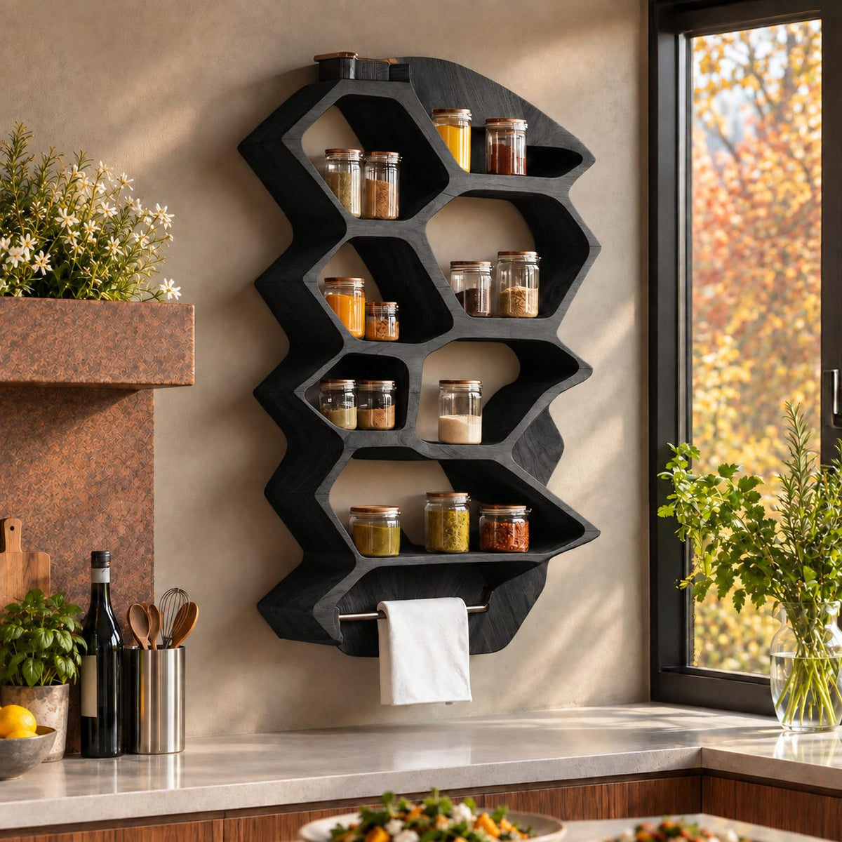 Zigzag Hexagon Spice Rack Wall Shelf with Towel Bar, Sculpted Solid Wood Kitchen Organizer