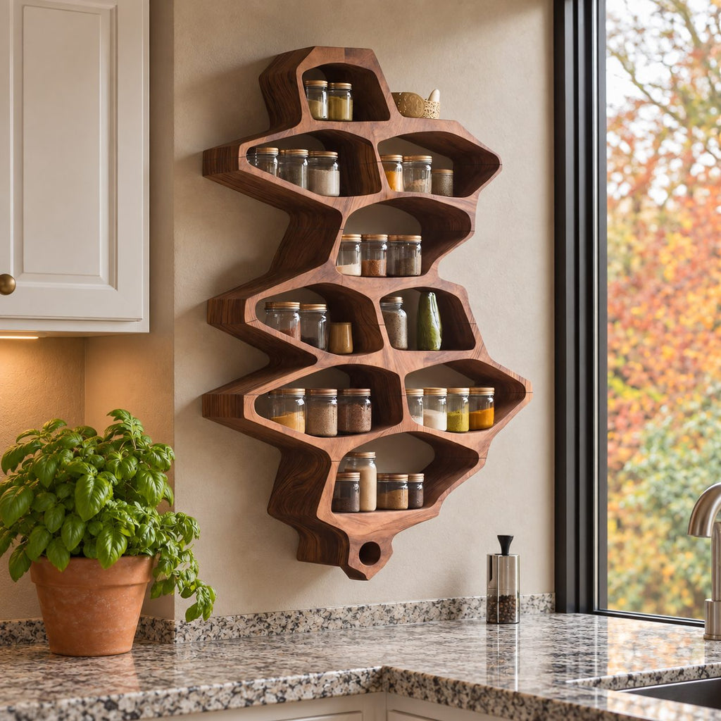 Organic Cell Spice Rack Wall Shelf, Tall Sculpted Solid Wood Kitchen Organizer with Open Pockets