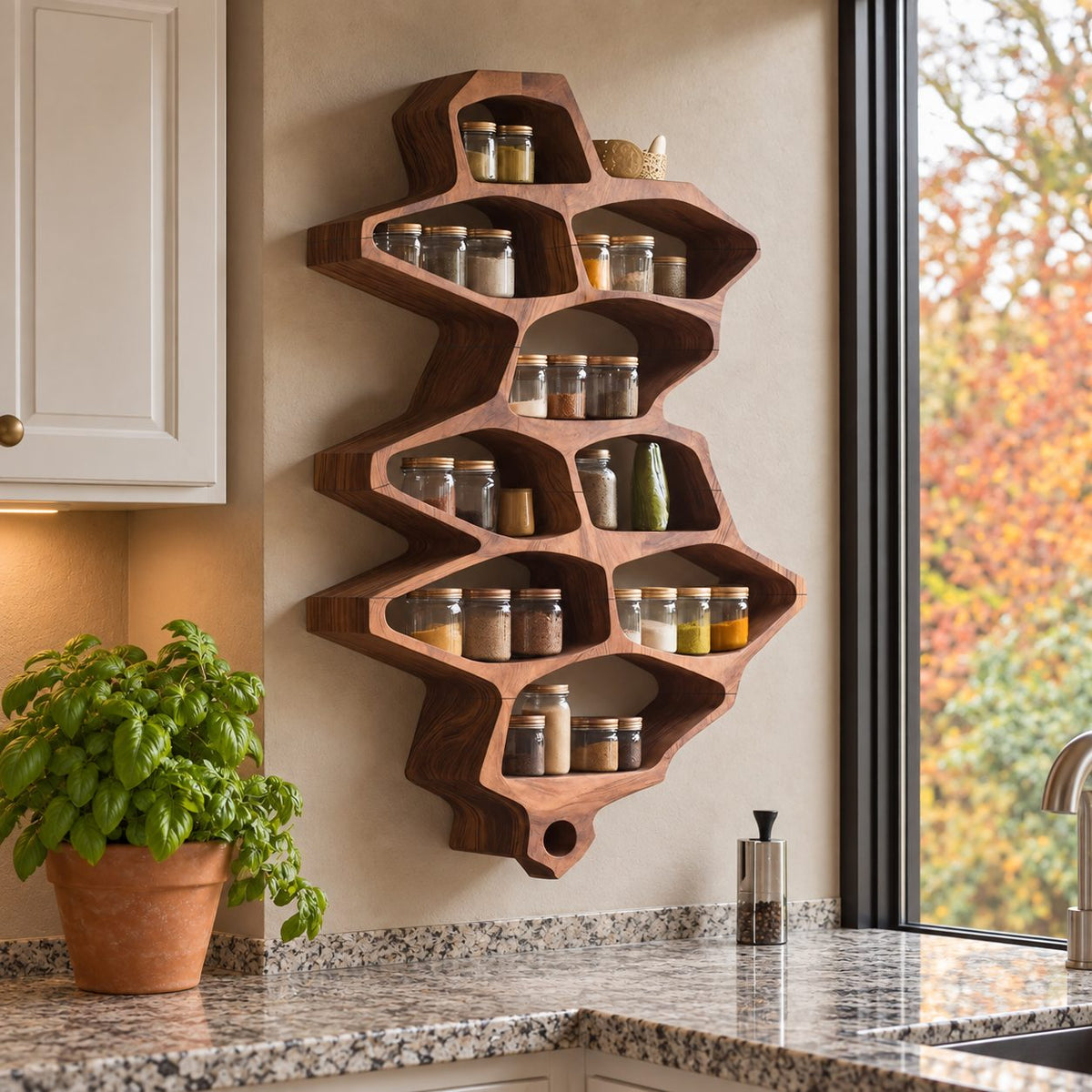 Organic Cell Spice Rack Wall Shelf, Tall Sculpted Solid Wood Kitchen Organizer with Open Pockets