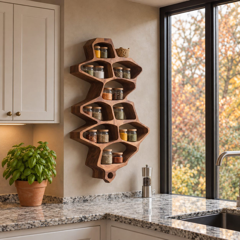 Organic Cell Spice Rack Wall Shelf, Tall Sculpted Solid Wood Kitchen Organizer with Open Pockets