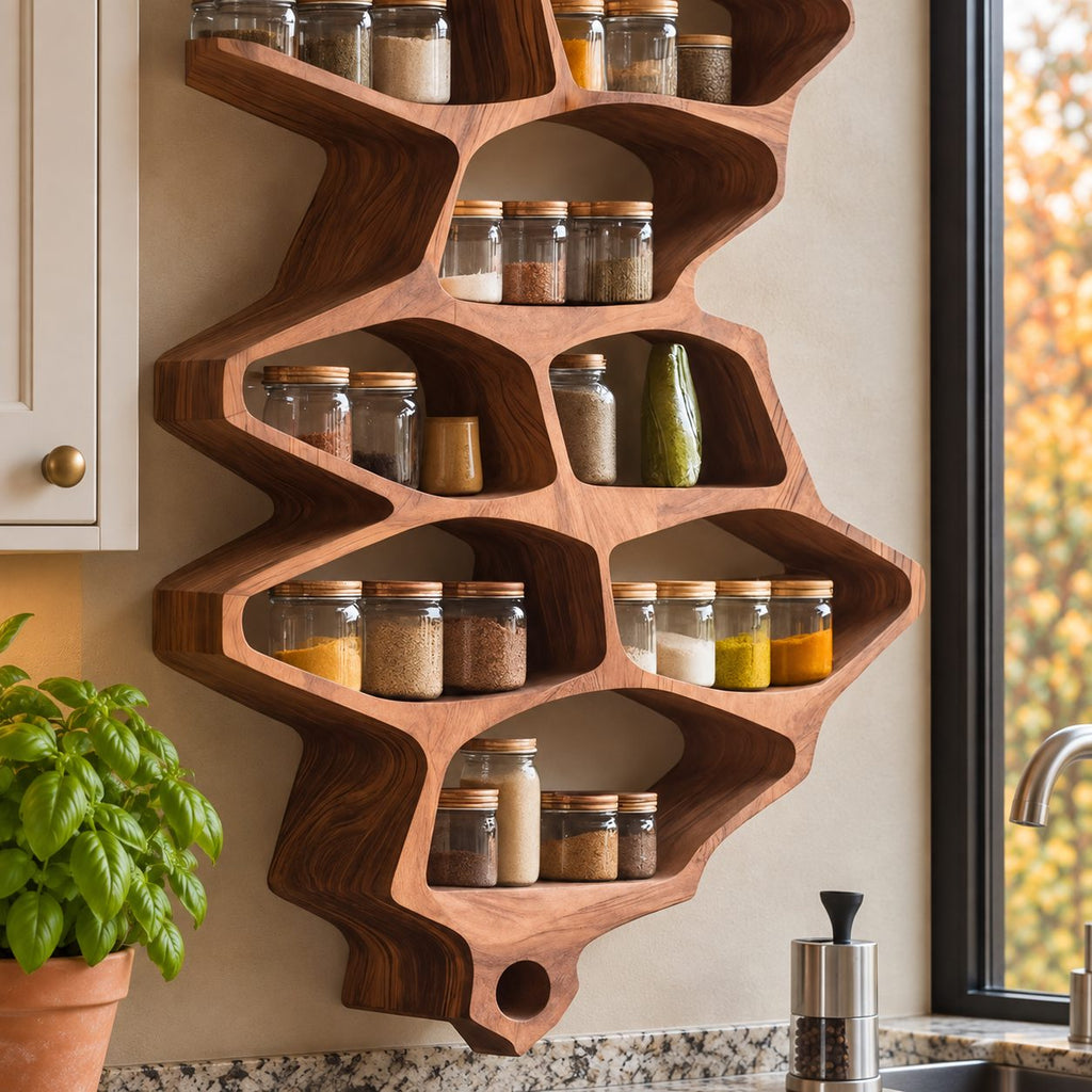 Organic Cell Spice Rack Wall Shelf, Tall Sculpted Solid Wood Kitchen Organizer with Open Pockets