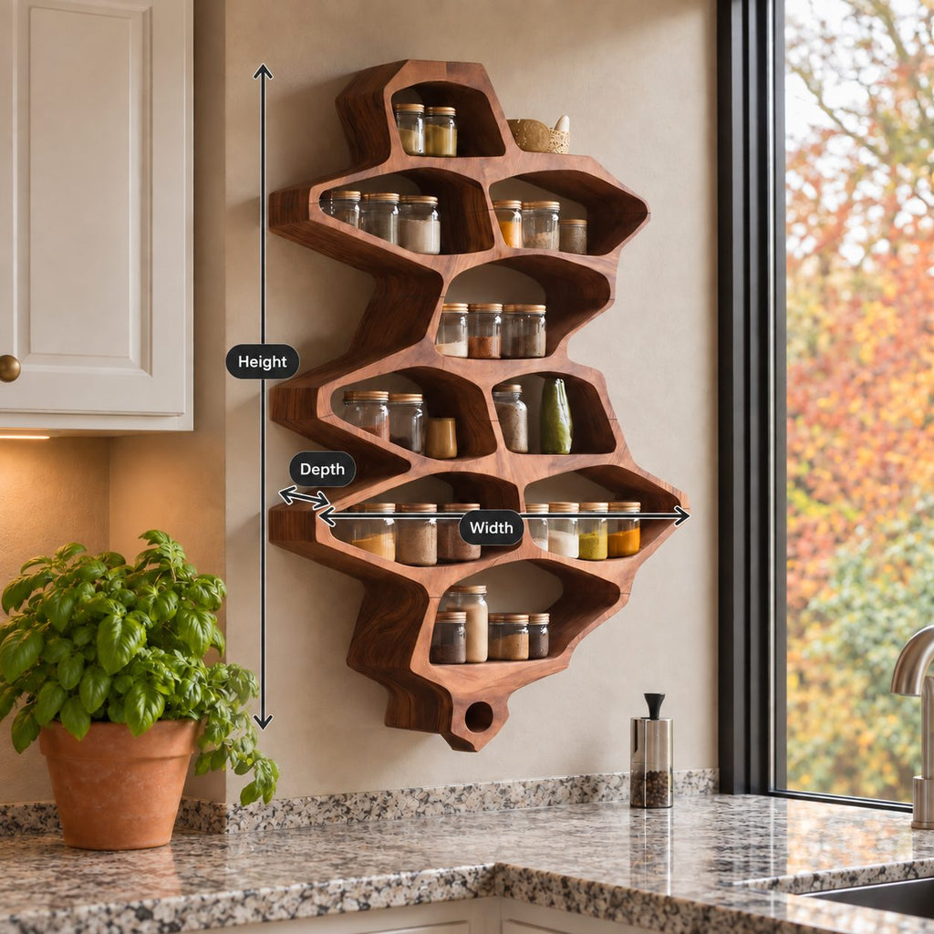 Organic Cell Spice Rack Wall Shelf, Tall Sculpted Solid Wood Kitchen Organizer with Open Pockets