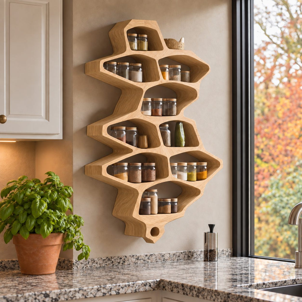 Organic Cell Spice Rack Wall Shelf, Tall Sculpted Solid Wood Kitchen Organizer with Open Pockets