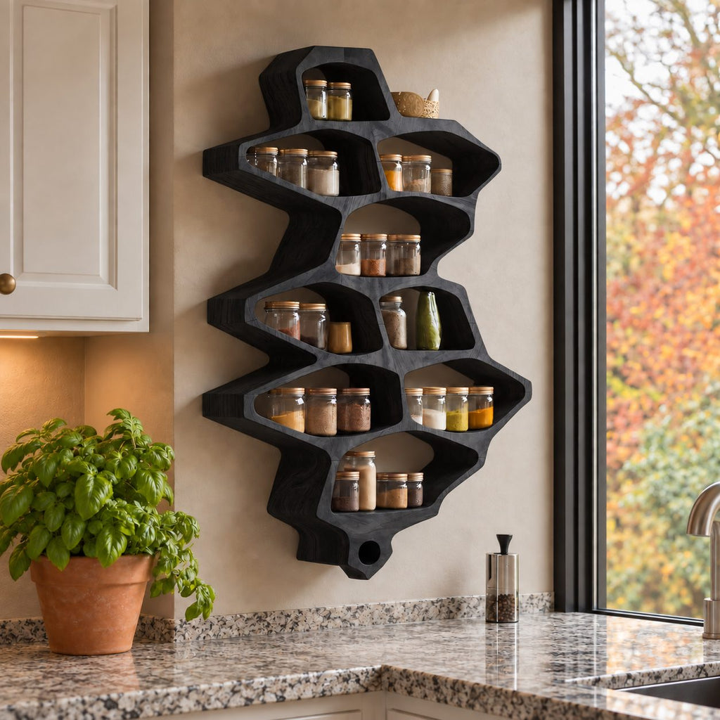 Organic Cell Spice Rack Wall Shelf, Tall Sculpted Solid Wood Kitchen Organizer with Open Pockets