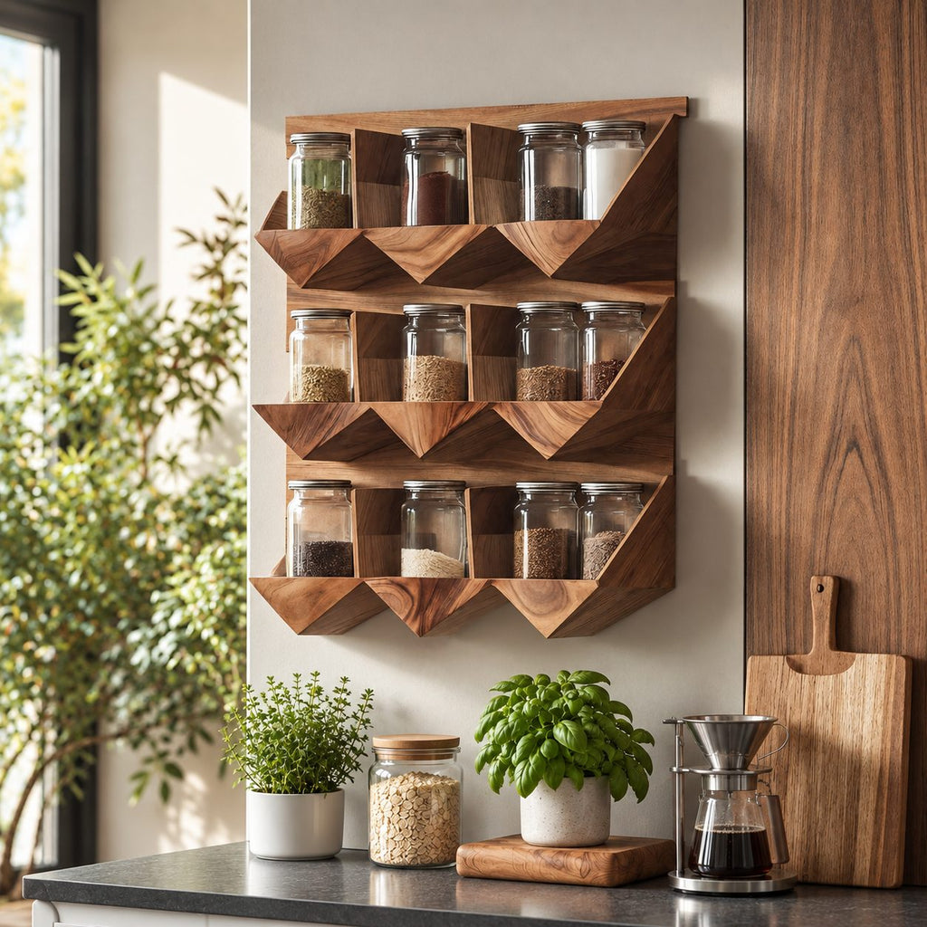 Faceted Three-Row Spice Rack Wall Shelf, Geometric Solid Wood Kitchen Organizer for Jars