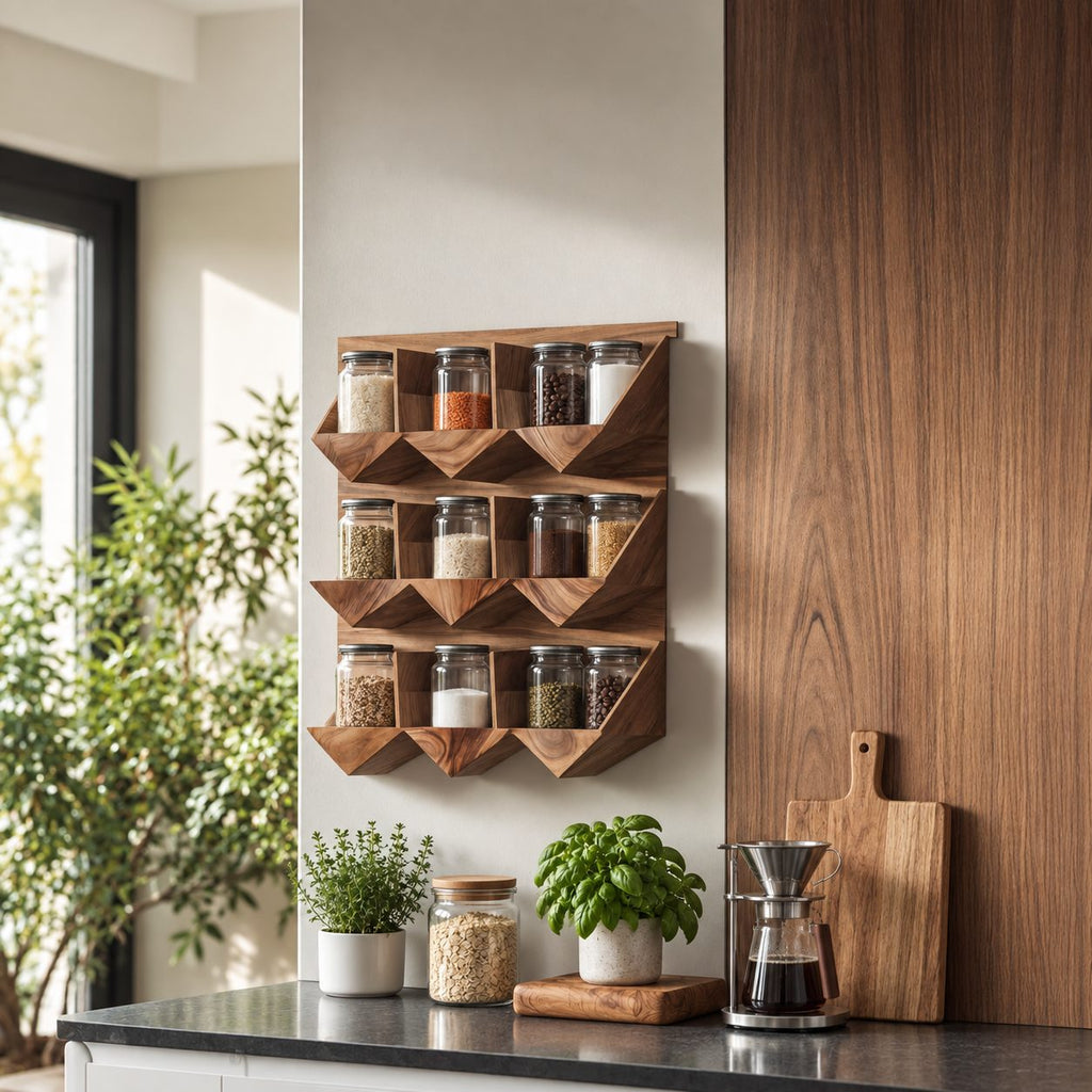 Faceted Three-Row Spice Rack Wall Shelf, Geometric Solid Wood Kitchen Organizer for Jars
