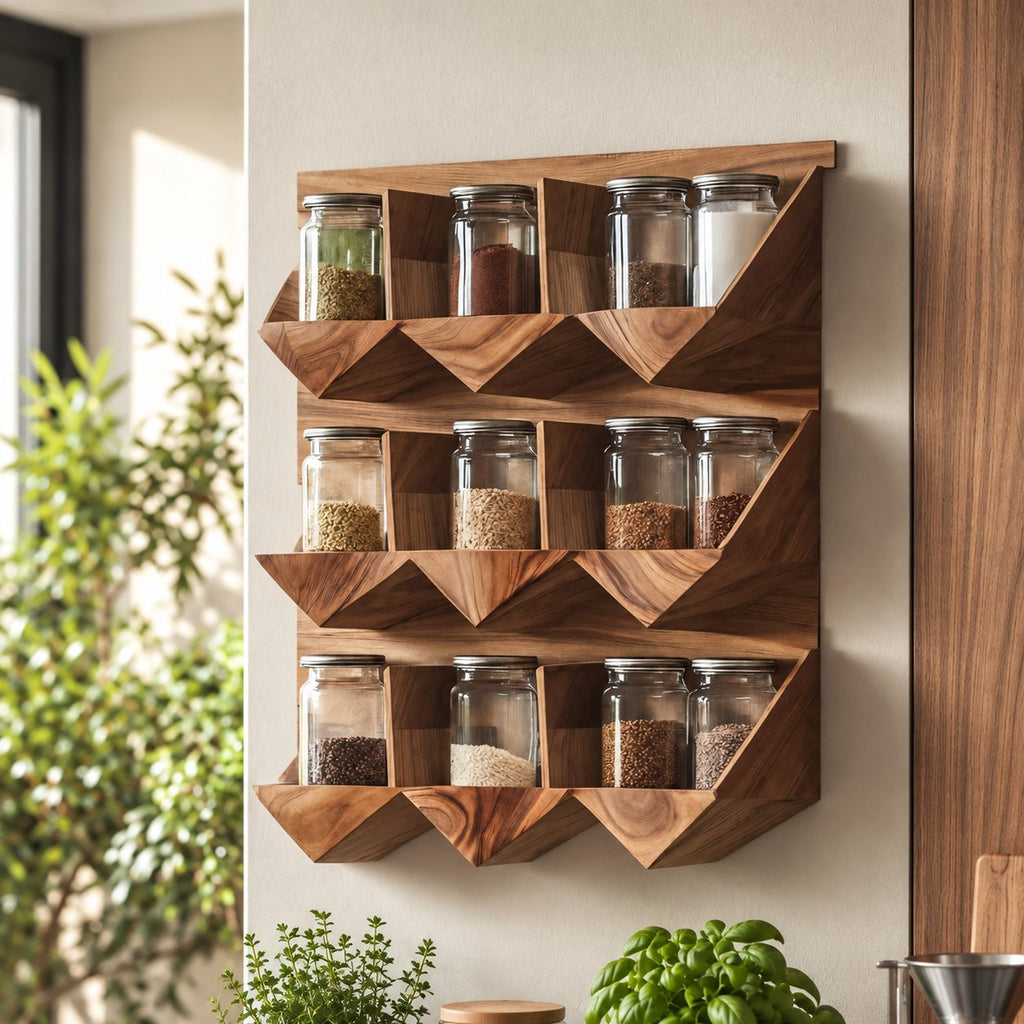 Faceted Three-Row Spice Rack Wall Shelf, Geometric Solid Wood Kitchen Organizer for Jars