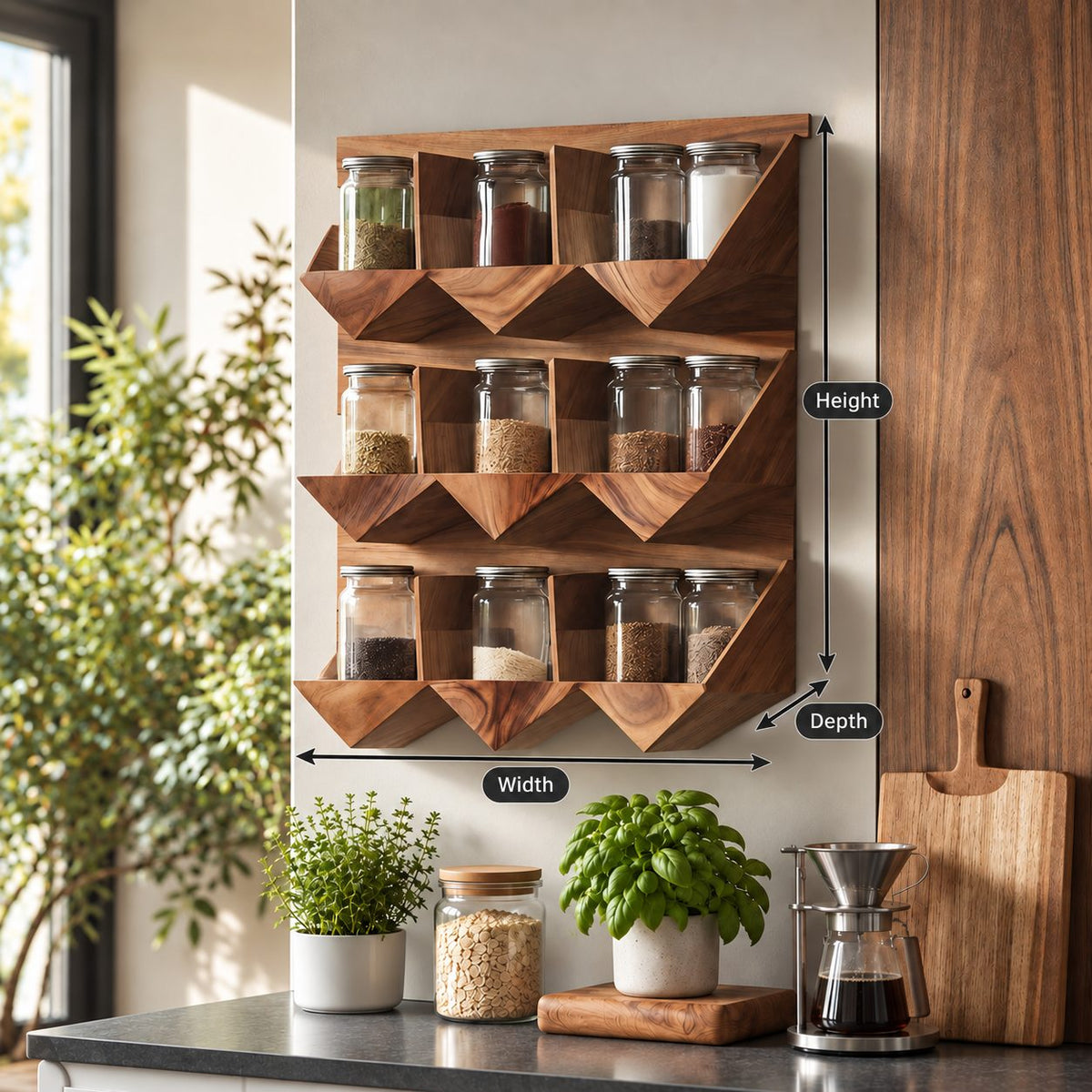 Faceted Three-Row Spice Rack Wall Shelf, Geometric Solid Wood Kitchen Organizer for Jars