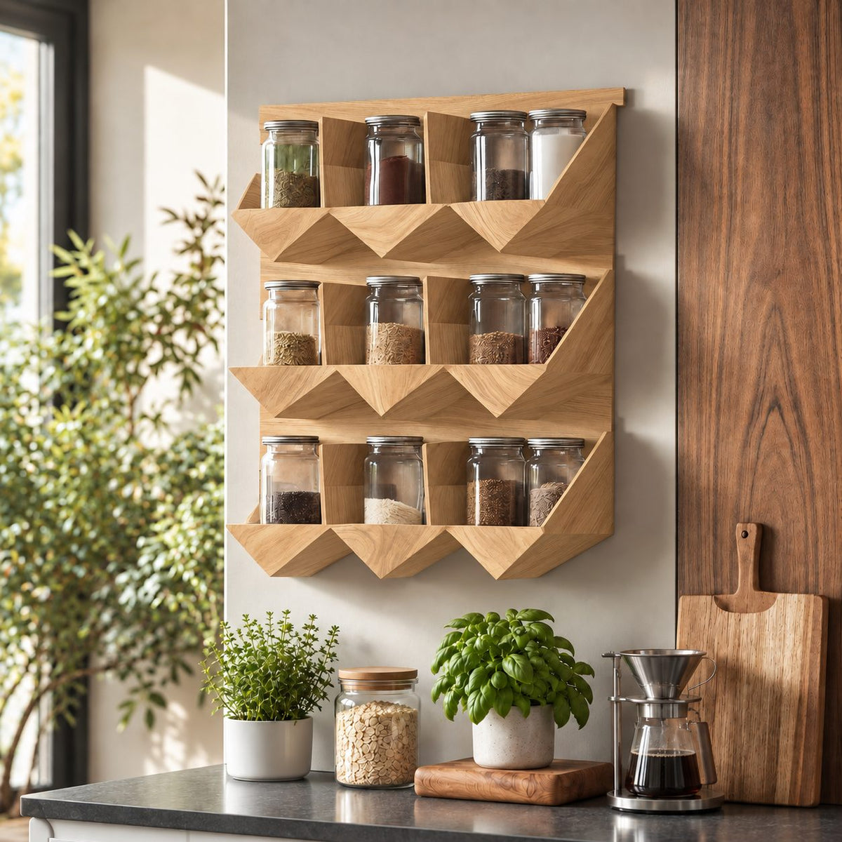 Faceted Three-Row Spice Rack Wall Shelf, Geometric Solid Wood Kitchen Organizer for Jars