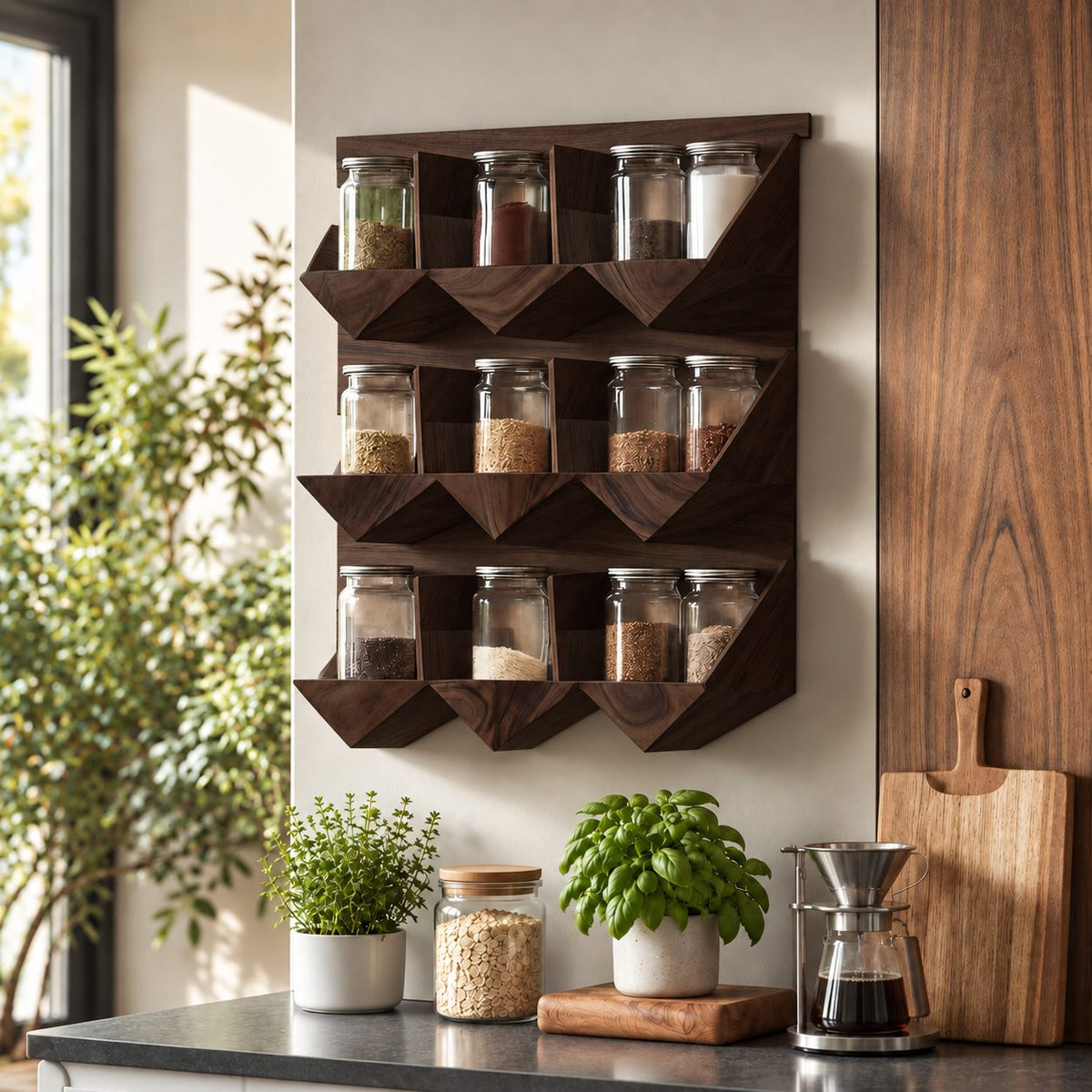 Faceted Three-Row Spice Rack Wall Shelf, Geometric Solid Wood Kitchen Organizer for Jars