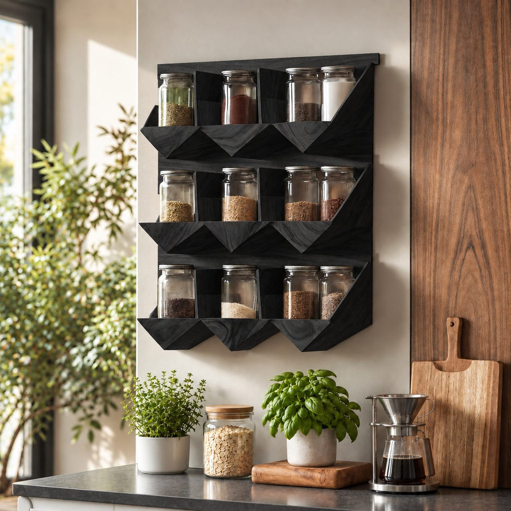 Faceted Three-Row Spice Rack Wall Shelf, Geometric Solid Wood Kitchen Organizer for Jars
