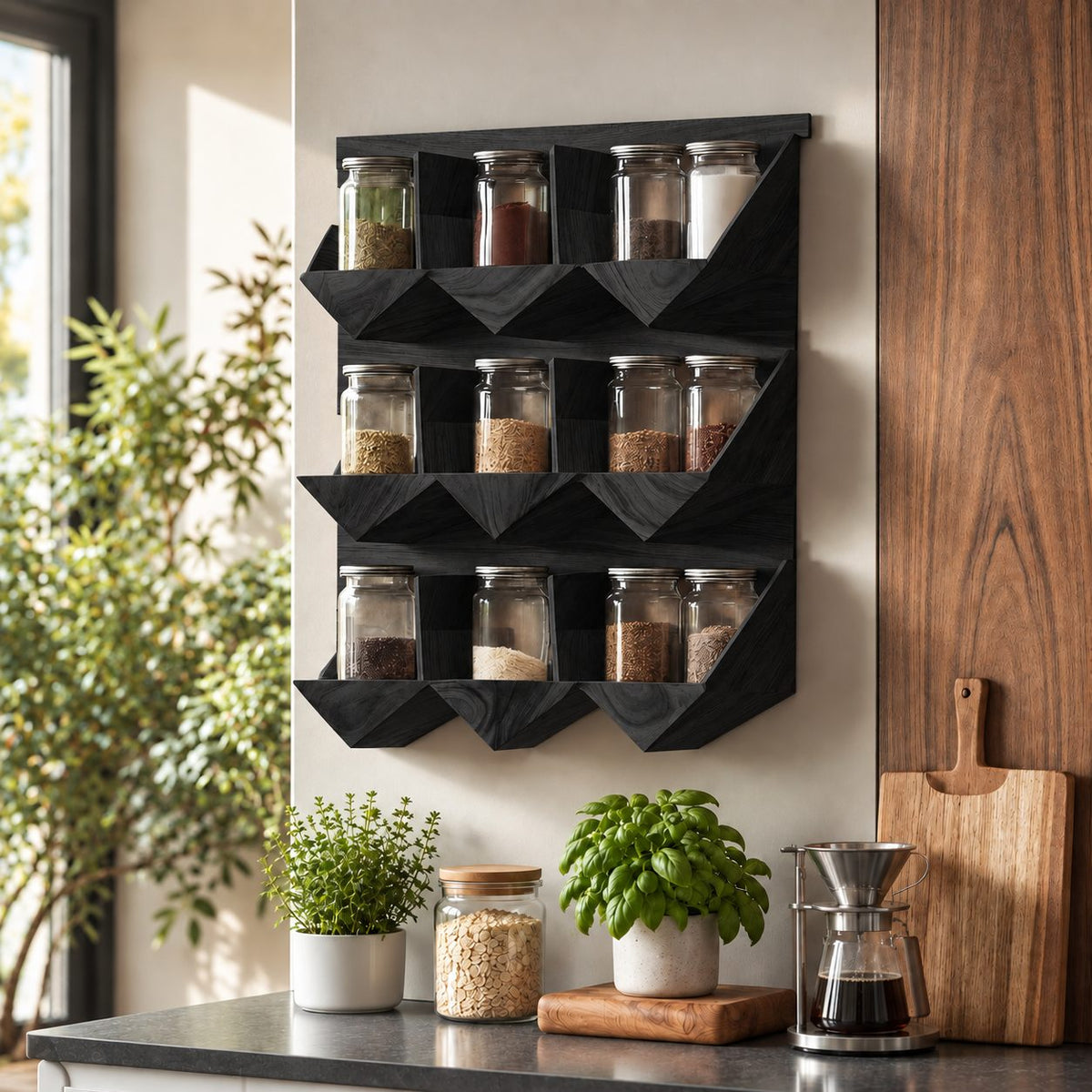 Faceted Three-Row Spice Rack Wall Shelf, Geometric Solid Wood Kitchen Organizer for Jars