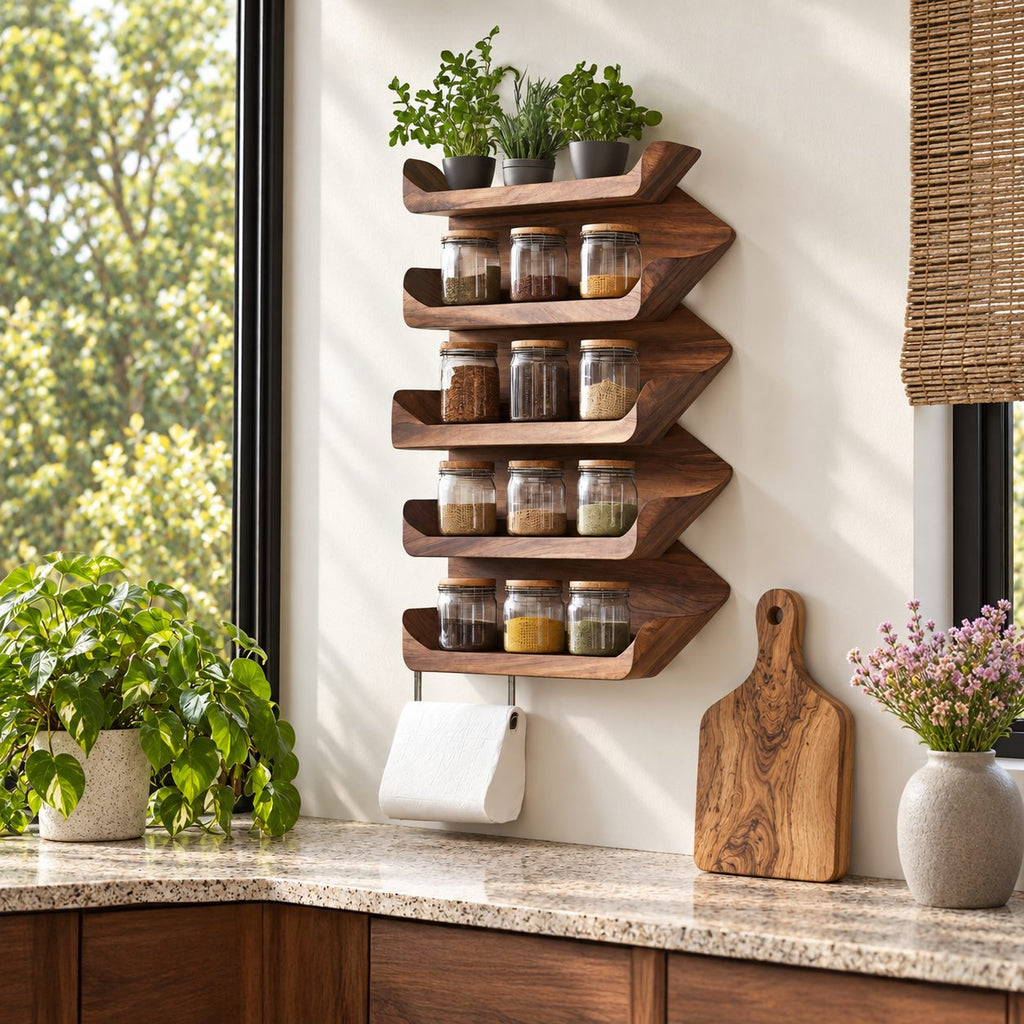 Stacked Wave Tray Spice Rack Wall Shelf, 5-Tier Solid Wood Kitchen Organizer with Lipped Shelves