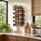 Stacked Wave Tray Spice Rack Wall Shelf, 5-Tier Solid Wood Kitchen Organizer with Lipped Shelves