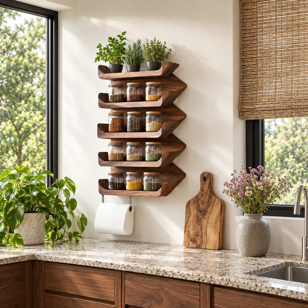 Stacked Wave Tray Spice Rack Wall Shelf, 5-Tier Solid Wood Kitchen Organizer with Lipped Shelves