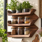 Stacked Wave Tray Spice Rack Wall Shelf, 5-Tier Solid Wood Kitchen Organizer with Lipped Shelves