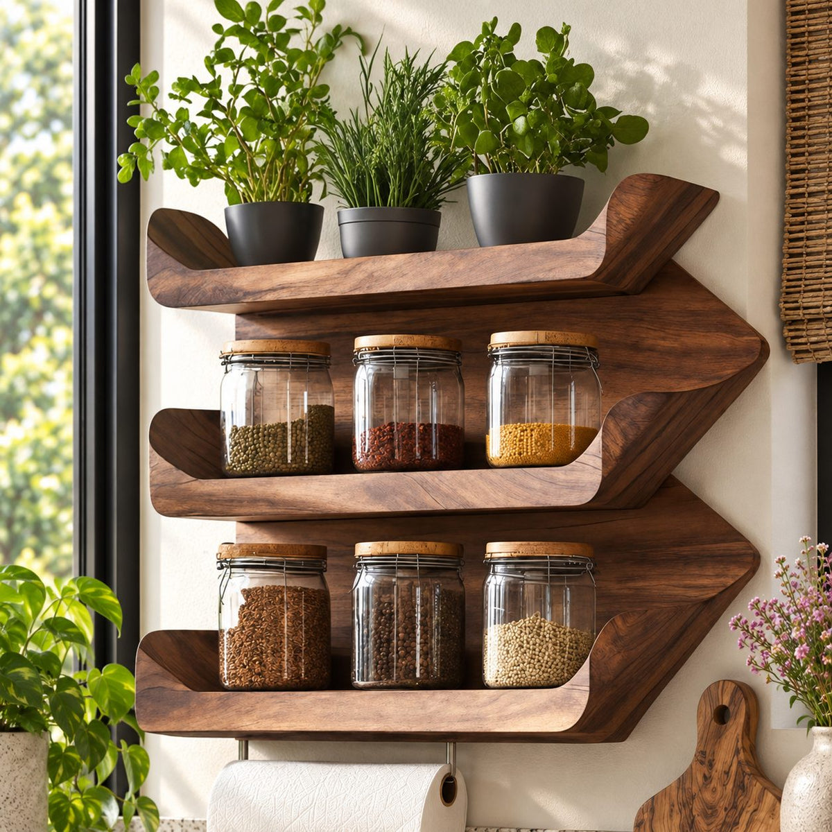 Stacked Wave Tray Spice Rack Wall Shelf, 5-Tier Solid Wood Kitchen Organizer with Lipped Shelves
