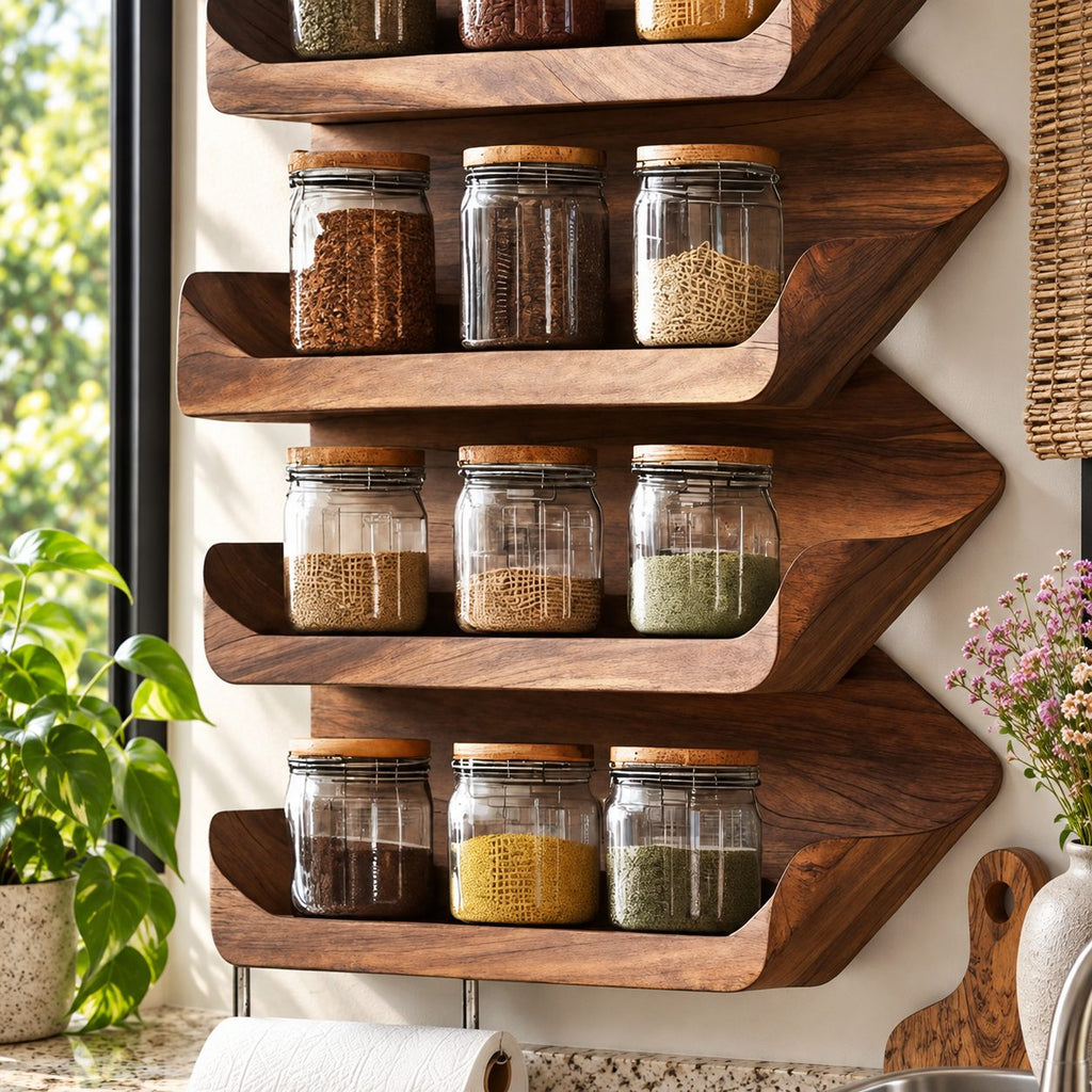 Stacked Wave Tray Spice Rack Wall Shelf, 5-Tier Solid Wood Kitchen Organizer with Lipped Shelves