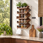 Stacked Wave Tray Spice Rack Wall Shelf, 5-Tier Solid Wood Kitchen Organizer with Lipped Shelves