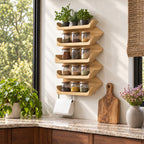 Stacked Wave Tray Spice Rack Wall Shelf, 5-Tier Solid Wood Kitchen Organizer with Lipped Shelves
