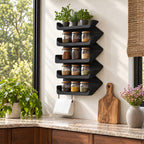 Stacked Wave Tray Spice Rack Wall Shelf, 5-Tier Solid Wood Kitchen Organizer with Lipped Shelves