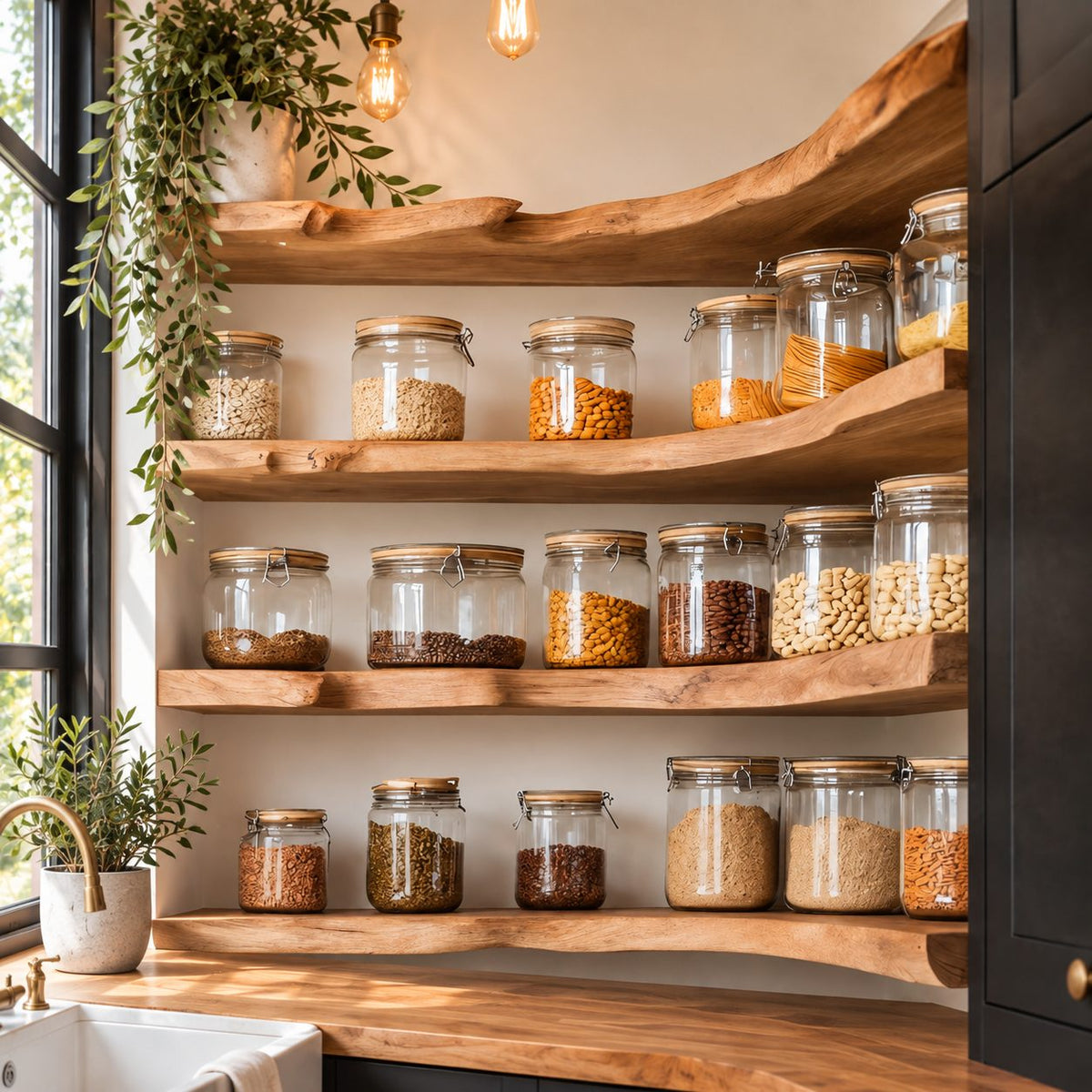 U-Shaped Live Edge Pantry Shelf, Wraparound Floating Spice Shelf for Three Walls, Solid Wood