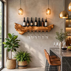 Freeform Live Edge Wine Shelf with Hanging Stemware Rail, Wall Mounted Wine Rack for Kitchen Bar