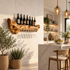 Freeform Live Edge Wine Shelf with Hanging Stemware Rail, Wall Mounted Wine Rack for Kitchen Bar