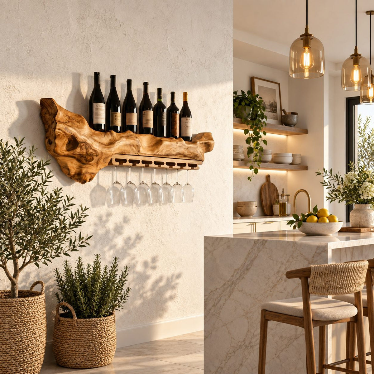 Freeform Live Edge Wine Shelf with Hanging Stemware Rail, Wall Mounted Wine Rack for Kitchen Bar