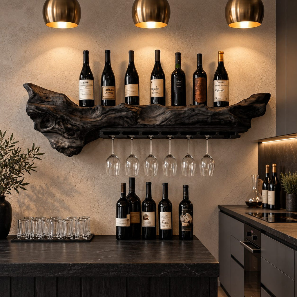 Freeform Live Edge Wine Shelf with Hanging Stemware Rail, Wall Mounted Wine Rack for Kitchen Bar