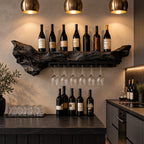 Freeform Live Edge Wine Shelf with Hanging Stemware Rail, Wall Mounted Wine Rack for Kitchen Bar