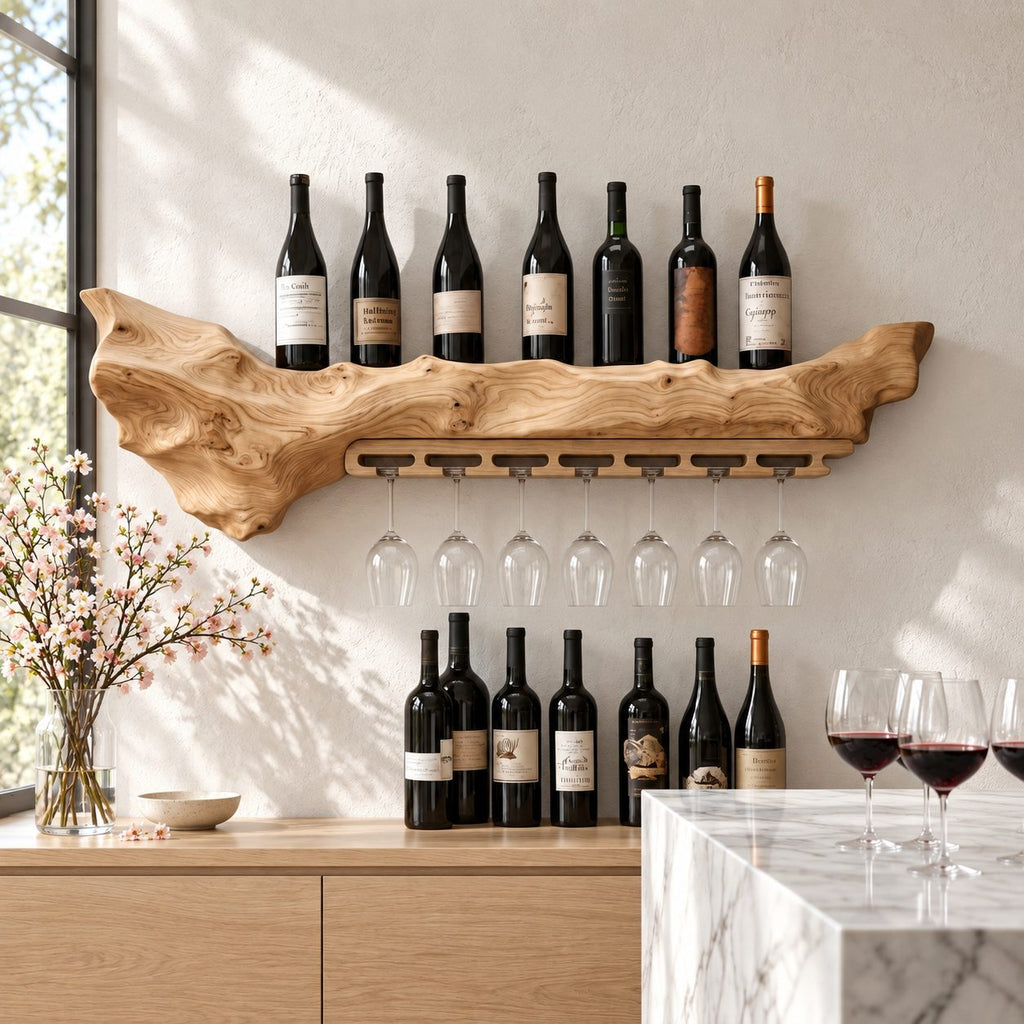 Freeform Live Edge Wine Shelf with Hanging Stemware Rail, Wall Mounted Wine Rack for Kitchen Bar