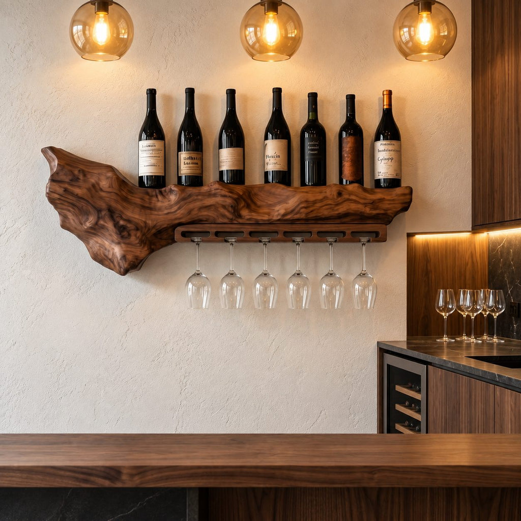 Freeform Live Edge Wine Shelf with Hanging Stemware Rail, Wall Mounted Wine Rack for Kitchen Bar