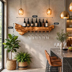 Freeform Live Edge Wine Shelf with Hanging Stemware Rail, Wall Mounted Wine Rack for Kitchen Bar