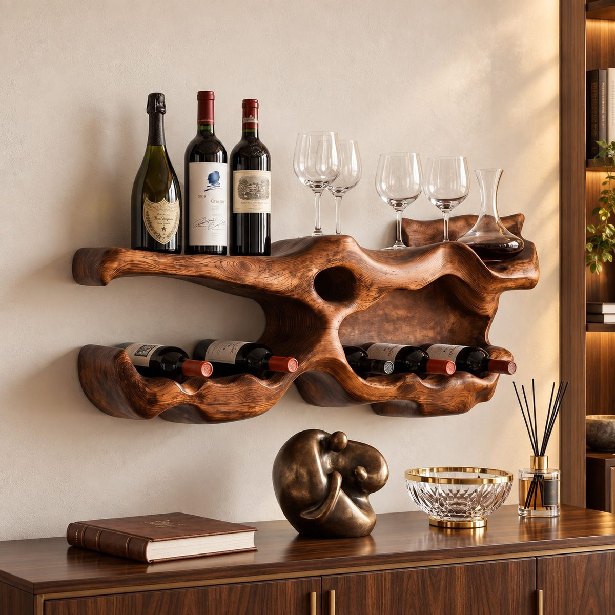 Organic Sculpted Wine Rack Wall Shelf with Carved Cutouts and Lower Bottle Cradle, Solid Wood Home Bar