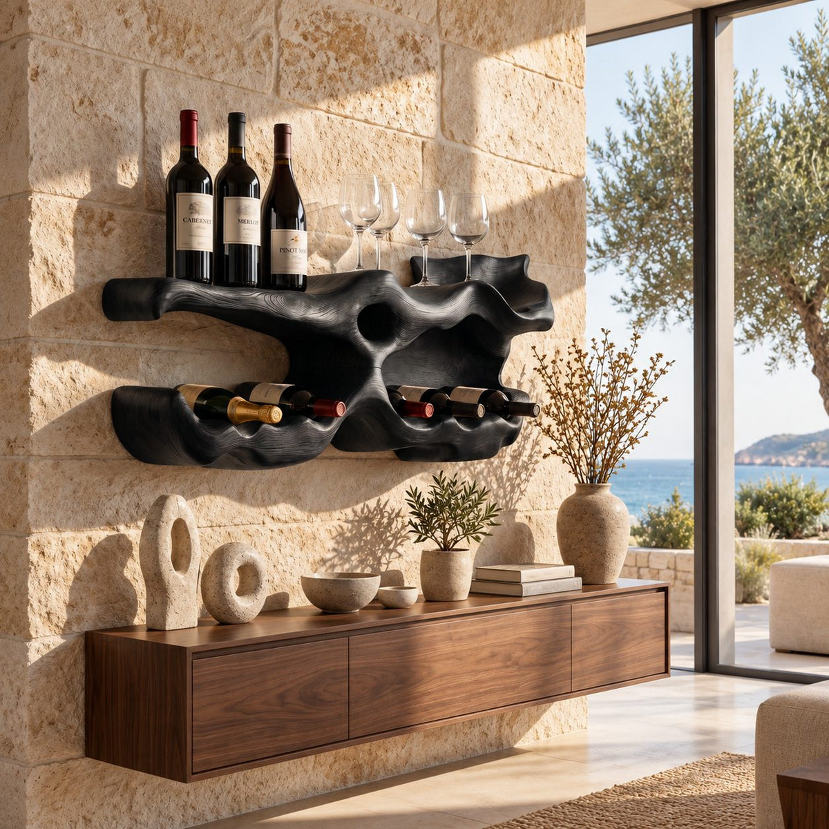 Organic Sculpted Wine Rack Wall Shelf with Carved Cutouts and Lower Bottle Cradle, Solid Wood Home Bar
