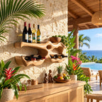 Organic Sculpted Wine Rack Wall Shelf with Carved Cutouts and Lower Bottle Cradle, Solid Wood Home Bar